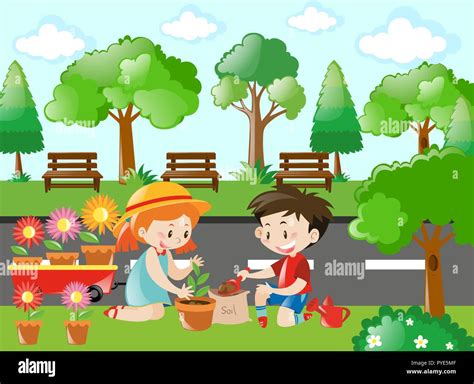 Scene With Kids Planting Tree Illustration Stock Vector Image And Art Alamy