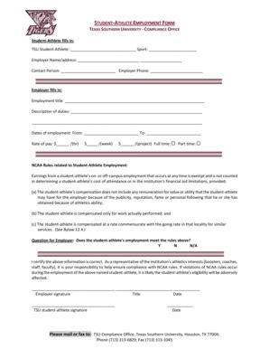 Fillable Online Tsu Student Athlete Employment Form Texas