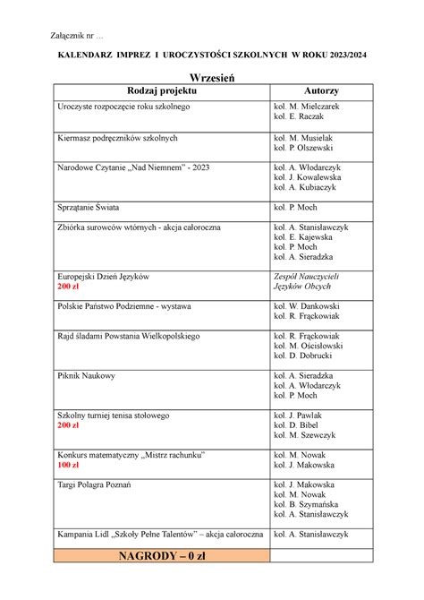 Kalendarz Za Cznik Nr Kalendarz Imprez I Uroczysto Ci