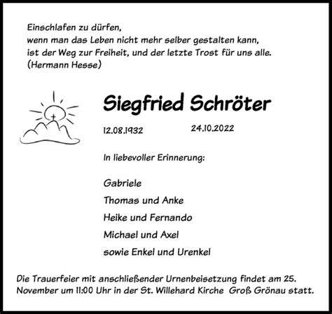 Traueranzeigen Von Siegfried Schr Ter Trauer Anzeigen De