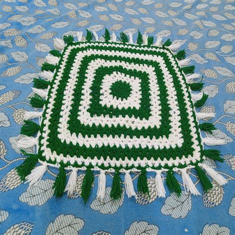 green  white hand  crochet thal posh pooja thali cover