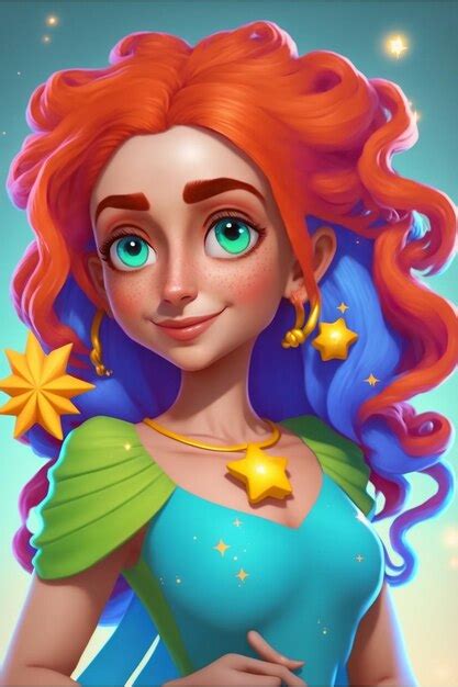 Premium Photo A Cartoon Girl With Red Hair And Blue Dress Holding A Star Generative Ai