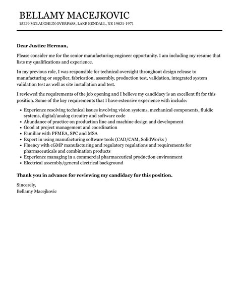 Senior Manufacturing Engineer Cover Letter Velvet Jobs