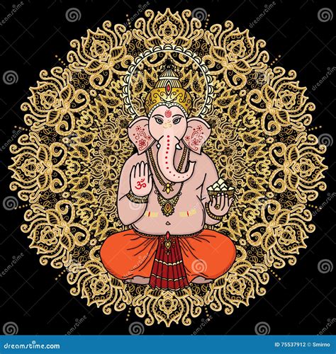 Hindu God Ganesha On A Gold Mandala Background Sign Om On His H Stock