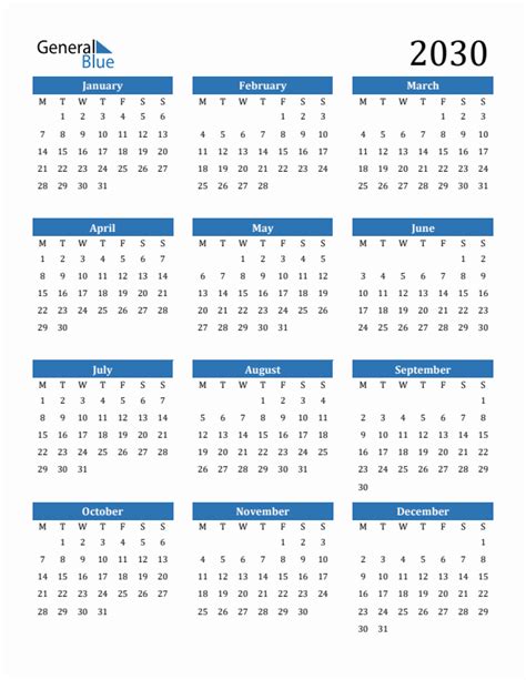 2030 Yearly Calendar Templates with Monday Start