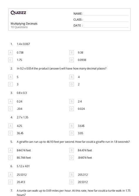 50 Multiplying Decimals Worksheets For 6th Grade On Quizizz Free