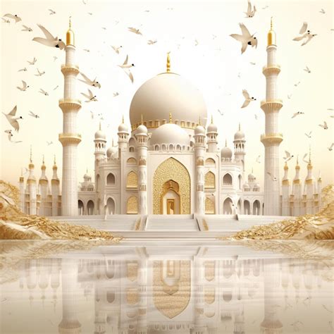 Premium AI Image A Large White Mosque With A Golden Dome And Birds