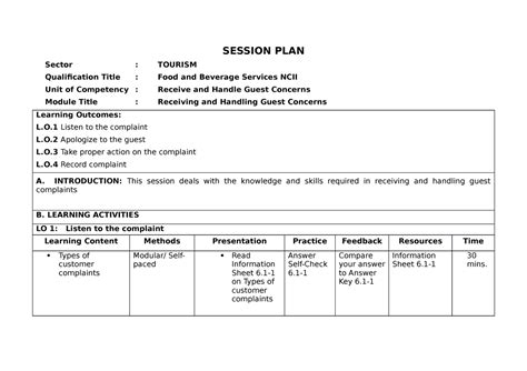 Session Plan Fn B For Tm Session Plan Sector Tourism