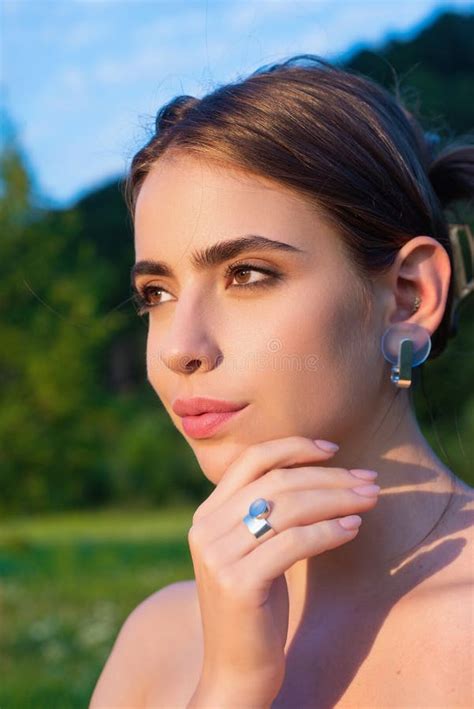 Romantic Young Woman Posing Near Summer Greenery Outdoor Country Style