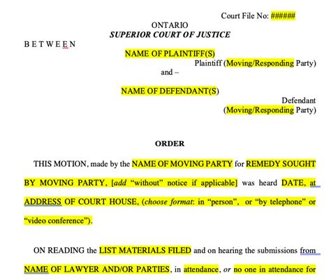 Word Template for Draft Order (Civil Motions at Ontario Superior Court ...