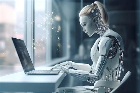 Un robot que trabaja en una computadora portátil con una mujer sentada