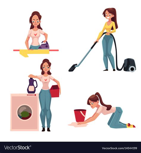 Woman Housewife Doing Chores Ironing Washing Vector Image