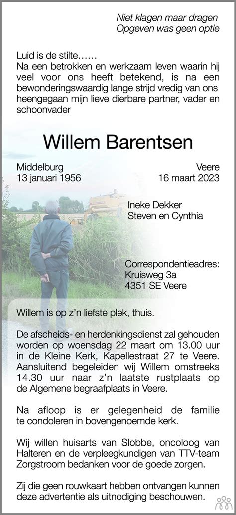 Willem Barentsen Overlijdensbericht En Condoleances