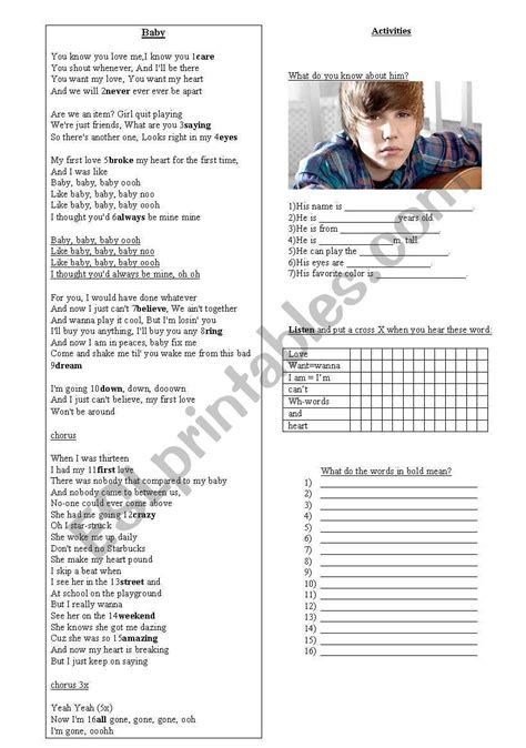 Baby Justin Bieber ESL Worksheet By Vezpinha