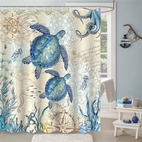 Aipon Nautical Sea Turtle Shower Curtain Octopus Ocean Blue