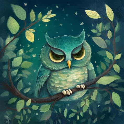 Premium Ai Image Painting Of A Green Owl Sitting On A Branch With Leaves Generative Ai