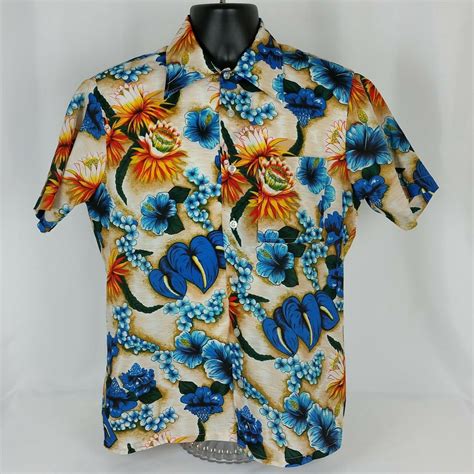 Aloha Hawaiian Vintage Shirt Mens Med Big Collar Floral Blue Yellow 70s