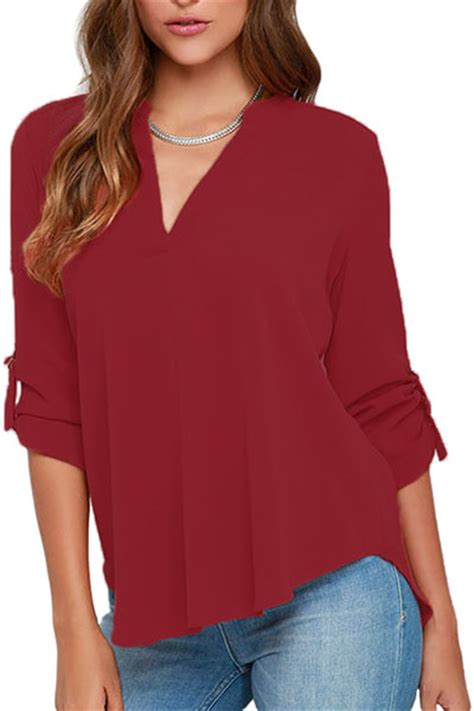 Stylish V Neck Half Sleeves Asymmetrical Red Polyester Blouses Blouses