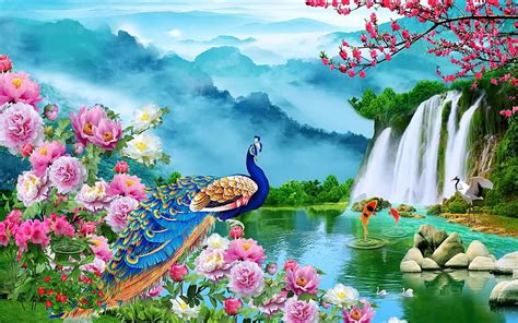 Paradise, peacock, waterfall, spring, blooms, art, fish, bonito, mist ...