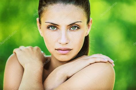 Beautiful Woman With Bare Shoulders Crossed Her Arms Stock Photo