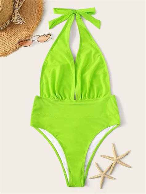 Shein Neon Lime Plunge Neckline Halter Monokini Halter Monokini