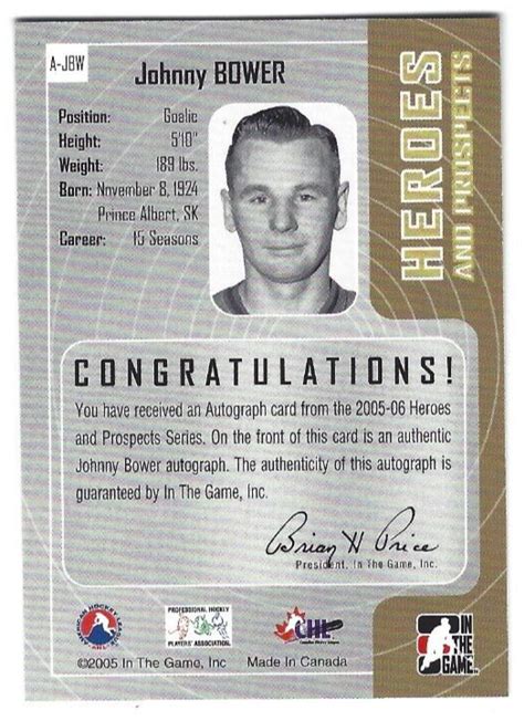 Itg Heroes Prospects A Jbw Johnny Bower Autograph Ebay