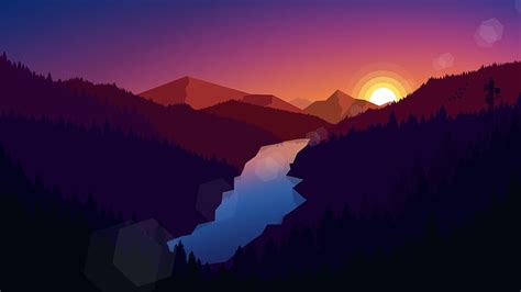 HD wallpaper: illustration, landscape, mountains, nature, sunset, river ...