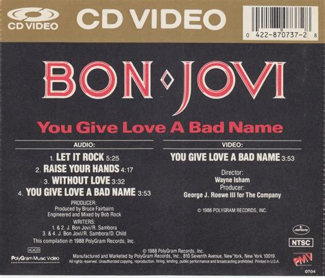 BON JOVI You Give Love A Bad Name CD VIDEO USA 1988 Redbank S BON