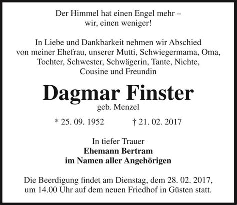 Traueranzeigen Von Dagmar Finster Geb Menzel Abschied Nehmen De