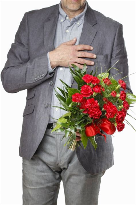 Man Holding Bouquet Of Carnation Flowers Stock Image Image Of Bouquet