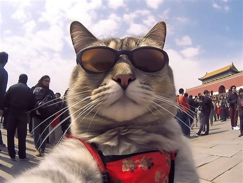 Un Gato Con Gafas De Sol Y Corbata Roja Se Est Tomando Una Selfie