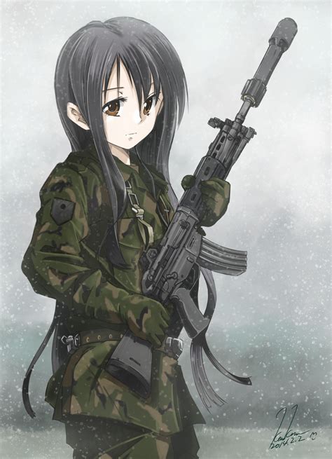 Safebooru 1girl Artist Name Assault Rifle Belt Black Hair Brown Eyes