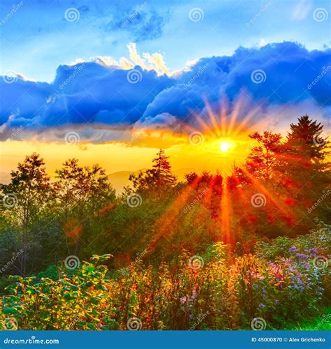 Blue Ridge Parkway Summer Appalachian Mountains Sunset West Stock Photo