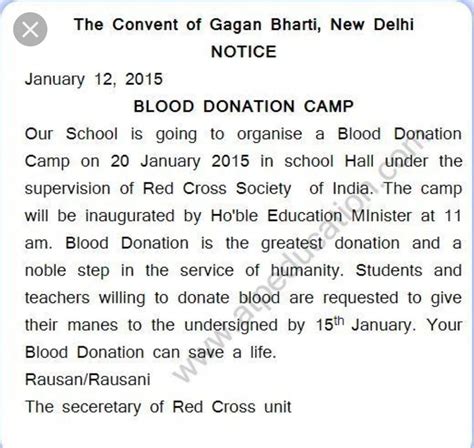 A Notice Writing For Blood Donation Camp In The School In New Format