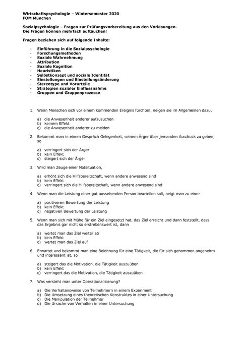 Probeklausur Mit 124 Fragen Und Antworten Wirtschaftspsychologie