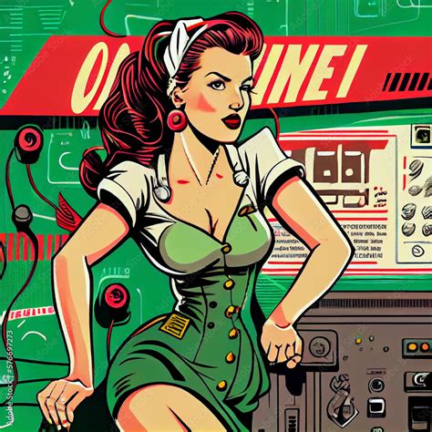 Woman In Technology Powerful Girl Strong Woman Pin Up Girl In Red Bikini With Vintage Style