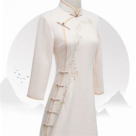 Women Embroidery Cheongsam Dress Vintage Beige Chinese Traditional