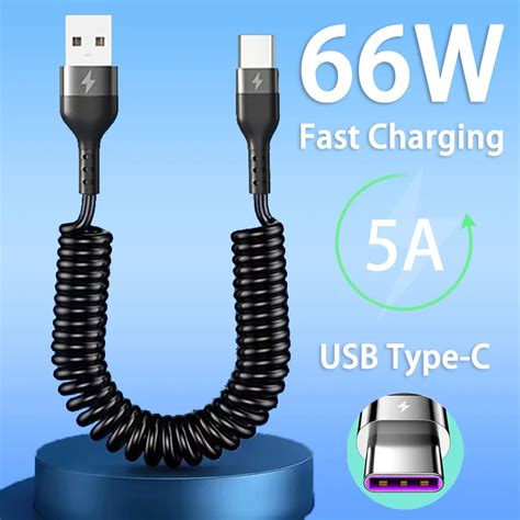 66w 5a Fast Charging Usb Type C Cable Micro Usb Spring Telescopic Car