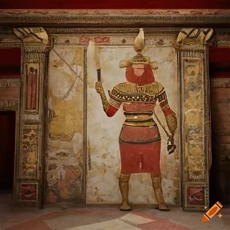 Fresco Painting Of Red Haired Elf Warrior With Golden Armor And Spear