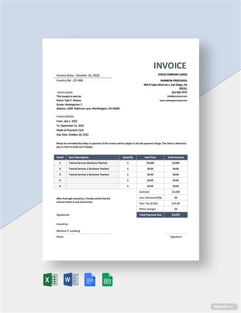 School Invoice Templates Documents Design Free Download