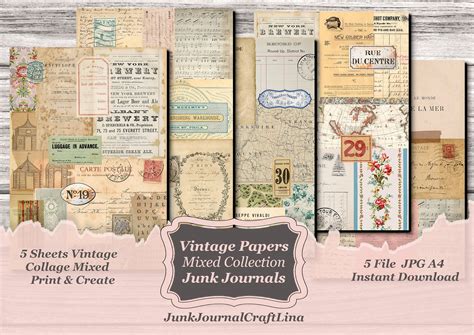 Digital Tall Slim Journal Skinny Papers Vintage Collage Etsy