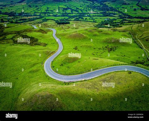 Aerial view of road to Edale, Vale of Edale, Peak District National ...