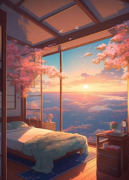 Premium Photo | Anime bedroom with a view of the sky and the sun ...