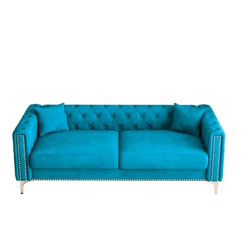 Z Joyee In Wide Square Arm Velvet Modern Rectangle Sofa In Blue P