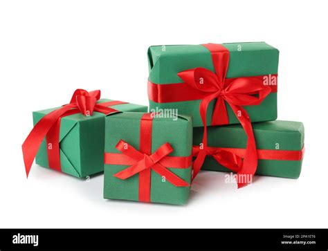 Green T Boxes With Red Bows On White Background Stock Photo Alamy