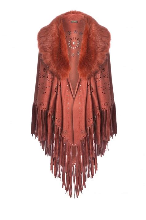 Faux Suede Cape With Faux Fur Collar