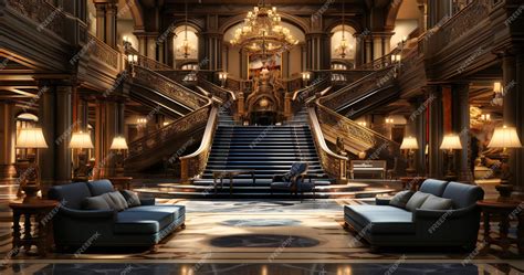 Premium AI Image | A hotel lobby with stairway and huge staircase