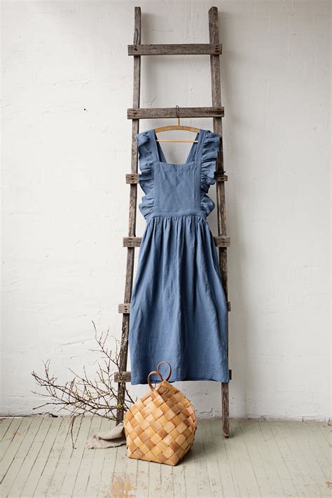 Dusty Blue Long Vintage Apron Linen Pinafore With Wings Etsy