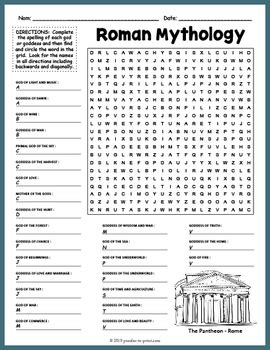 Roman Mythology Gods Goddesses Word Search Puzzle Worksheet Activity