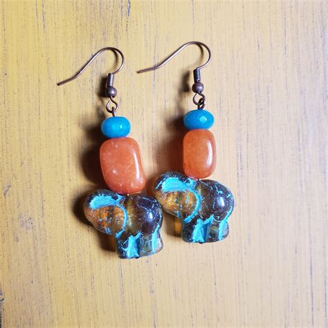 Turquoise Elephant Earrings Amber Turquoise Picasso Czech Glass Elephant Bead Earrings With